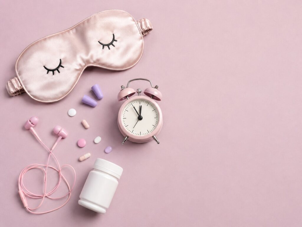 助眠保健品代工-舒眠主題的眼罩與保健品平拍情境