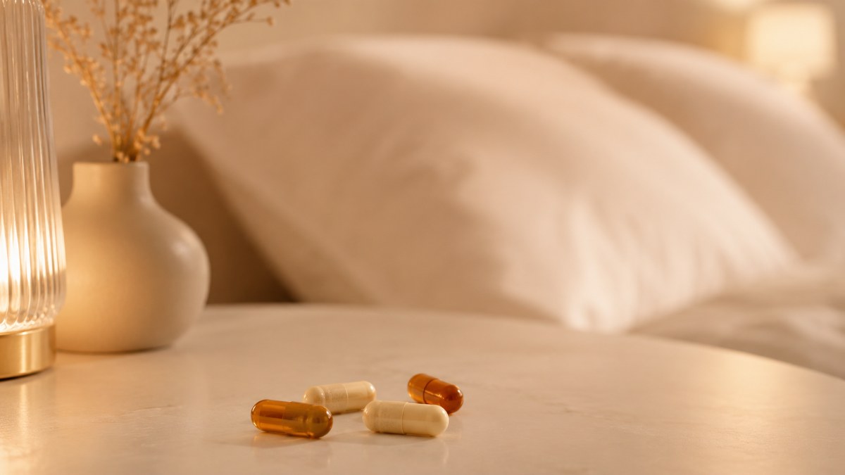 助眠保健食品代工-米白色床邊的舒眠膠囊與寧靜睡眠氛圍