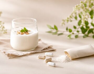 益生菌代工-米白色背景上的益生菌膠囊、粉包與優格腸道保健意象