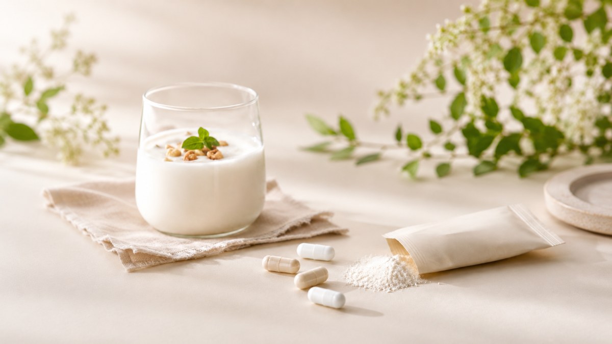 益生菌代工-米白色背景上的益生菌膠囊、粉包與優格腸道保健意象