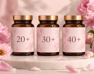 三只標示 20+、30+、40+ 的女性分齡保養保健食品瓶與粉色花卉,高級女性保養品牌風格