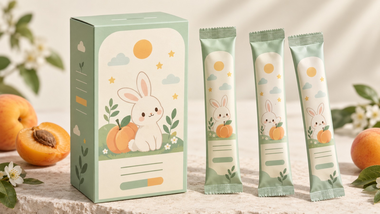 童趣插畫風兒童保健食品包裝:薄荷綠紙盒與原創兔子角色,杏色水果