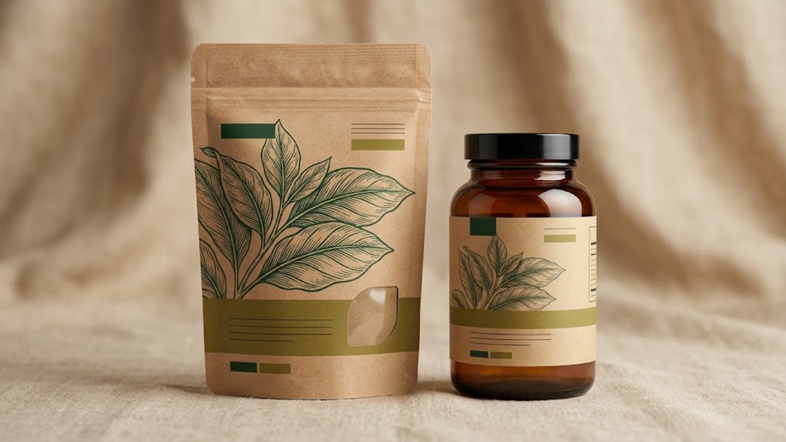 牛皮紙立袋與琥珀色玻璃罐兩種保健食品包材並排,對應詢價時要先確認的劑型與包材規格