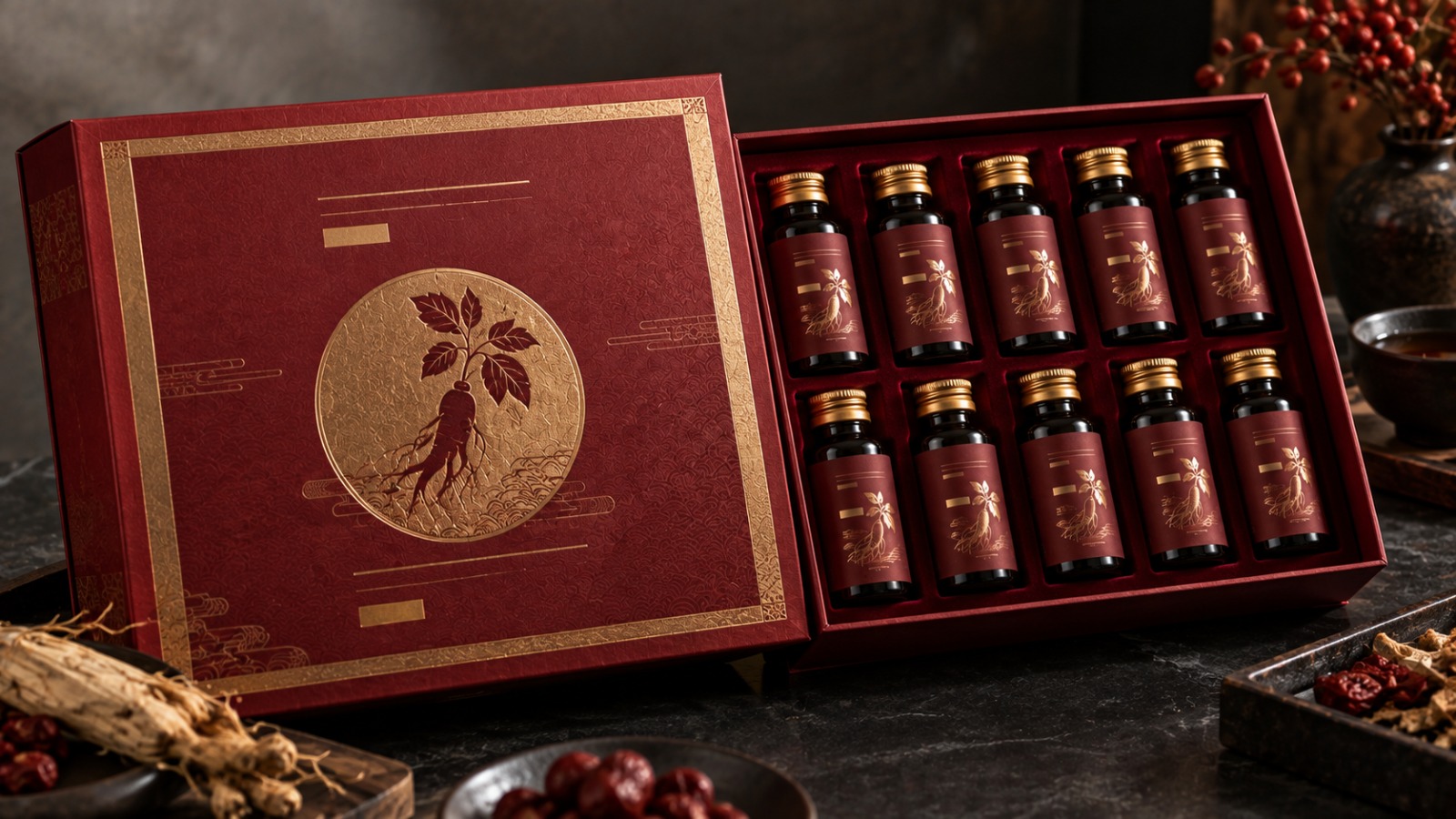 韓式高端禮盒風:酒紅燙金書型盒內十支玻璃小瓶