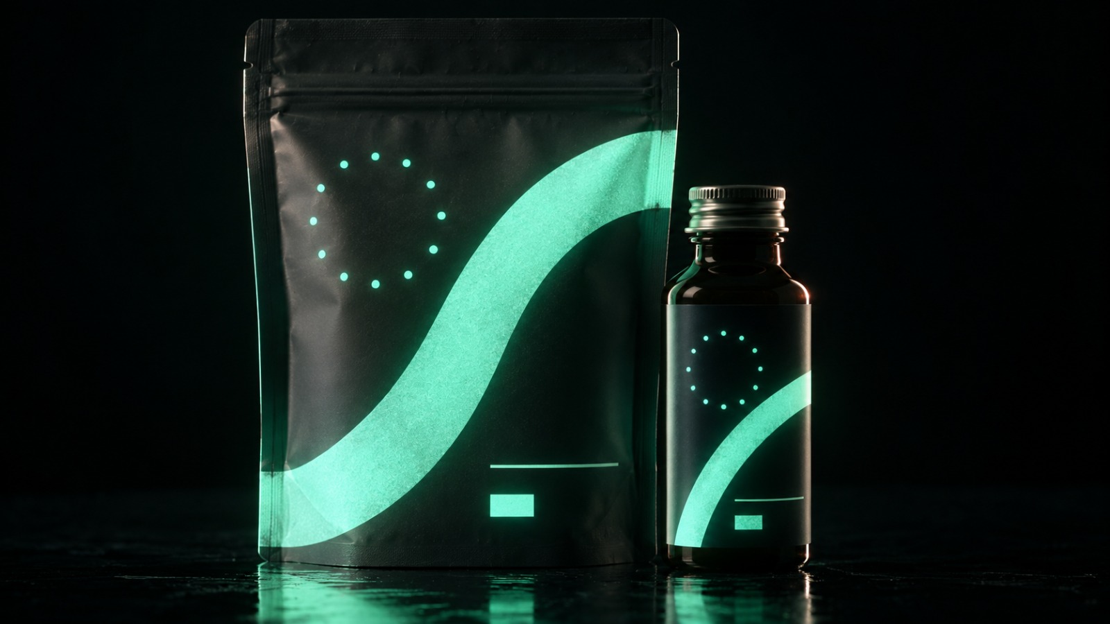 暗場中鋁箔立袋與玻璃飲品瓶上的螢光圖形自體發光