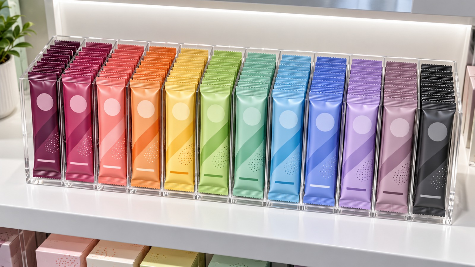 十二種顏色的保健食品鋁箔條包整齊排在壓克力架上,同一版型只換色就成一個系列
