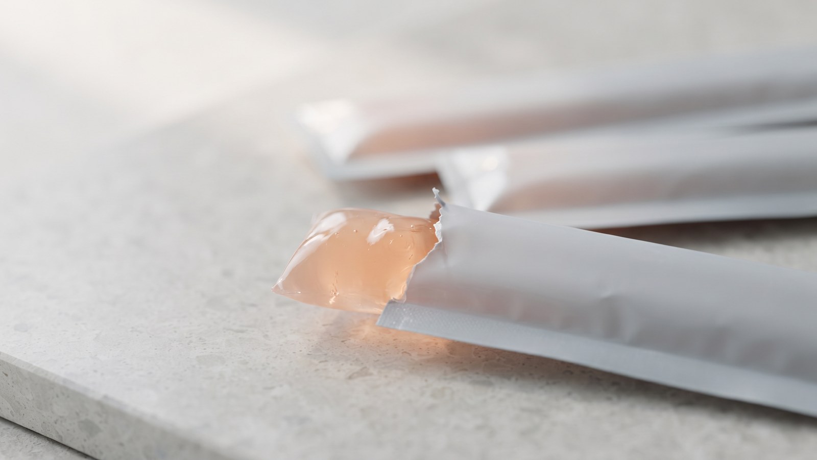 撕開一角的果凍條,蜜桃色凝膠正從開口流出