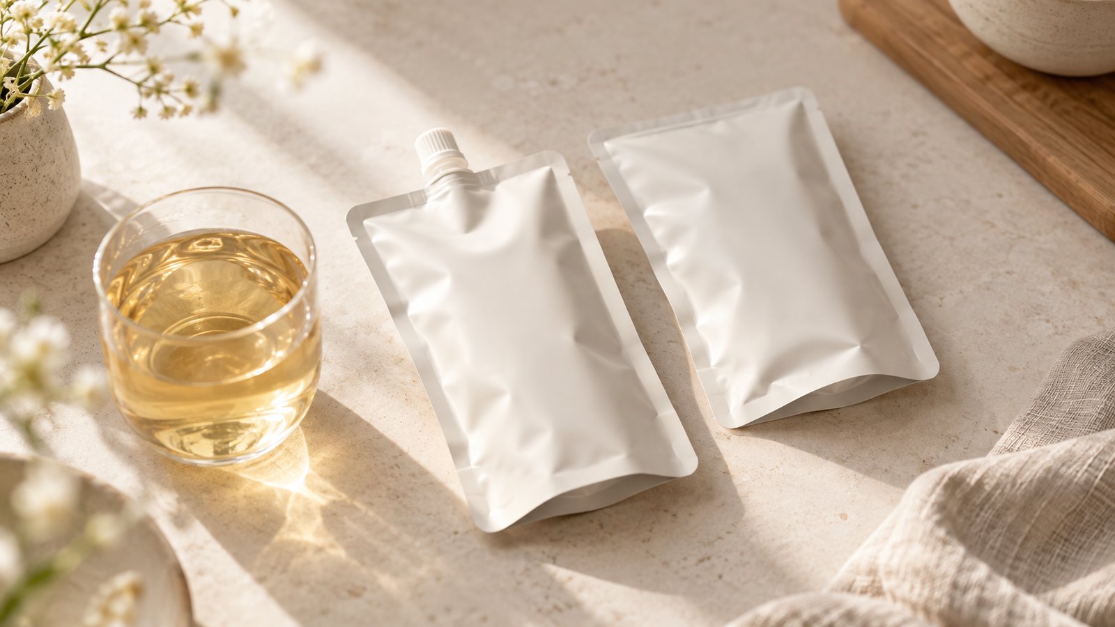 兩只白色素面鋁箔飲品袋放在一杯淡金色飲品旁,呈現飲品代工的鋁袋包裝