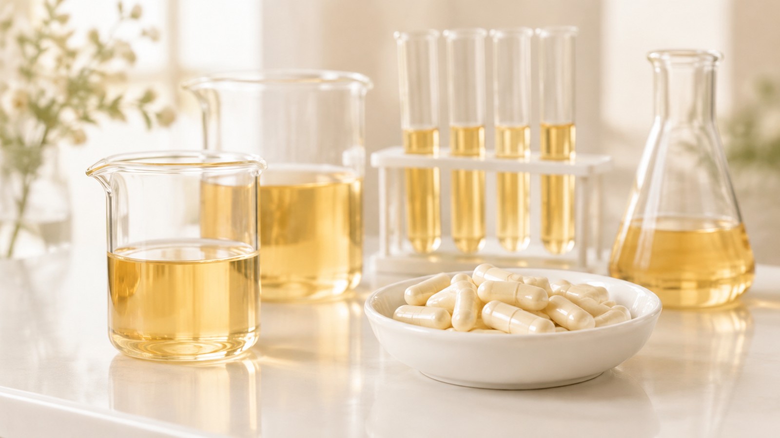 實驗室桌上的燒杯、試管與一碟膠囊,安全性與功效評估試驗是申請小綠人最花時間的一段